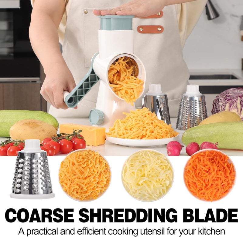 GORCI Cheese Grater Cheese Shredder with 3 Interchangeable Blades, Rotary Cheese Grater Manual Vegetable Slicer with Non-slip Suction Base Peanut Nuts Grinder Vegetable Shredder White - Image 2